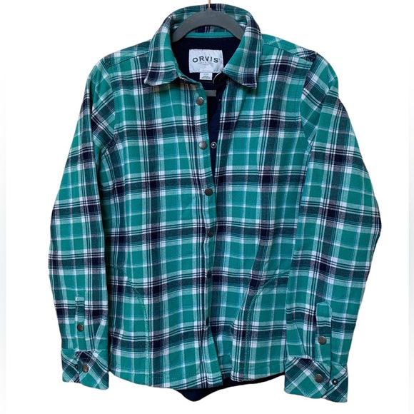 Orvis Tops Orvis Fleece Lined Flannel Shirt Green Blue Plaid Snap